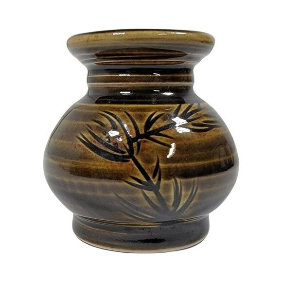 Vintage 3.5 Louis Mideke Brown Studio Pottery Bud Vase Leaf Tree High Gloss MCM - Picture 2 of 8